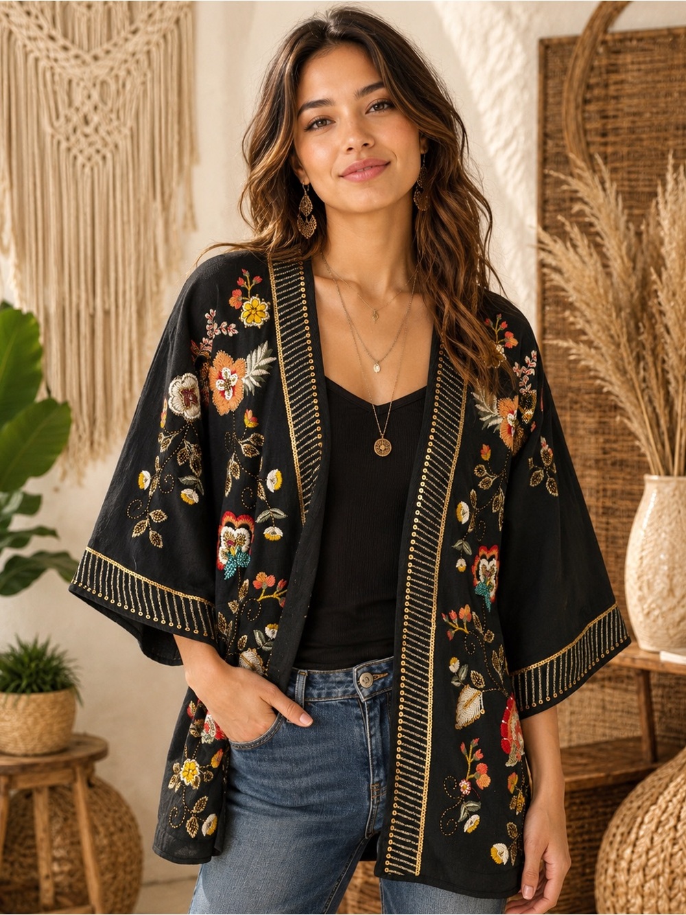 Johnny Was Black Top with Gold Embroidered Logo
